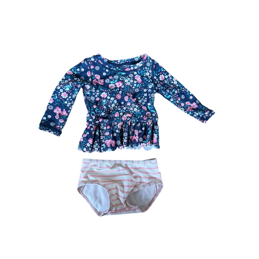 RuffleButts Baby Girl Floral Rash Guard and Ruffle Bottom Swimsuit Set 6-12M